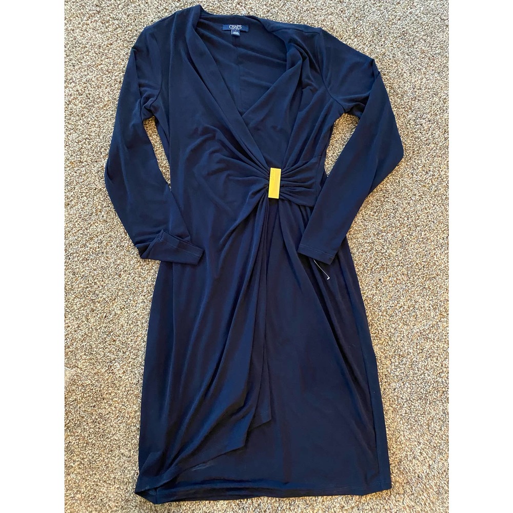 CHAPS Navy Long Sleeve Crossover Wrap Gold Clasp Dress-SIZE-4